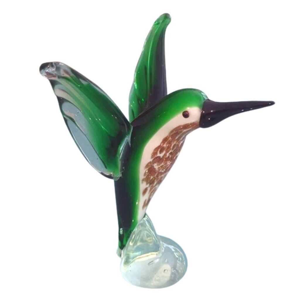 Vintage Hummingbird Art Glass Sculpture - Murano Style Green Gold Figurine